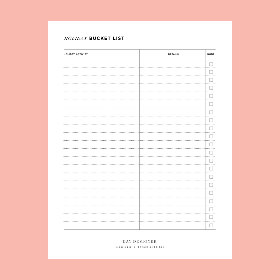 holiday bucket list printable on a peach background