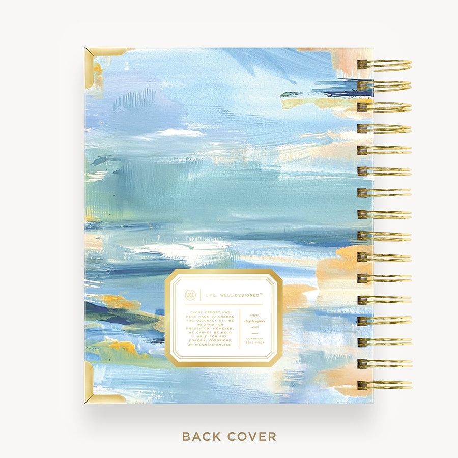 Day Designer 2026 mini weekly planner: sea and sky cover with back cover with gold detail
