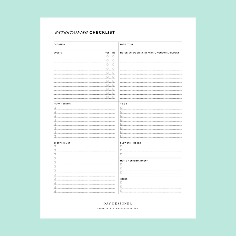 entertaining checklist printable on a mint green background