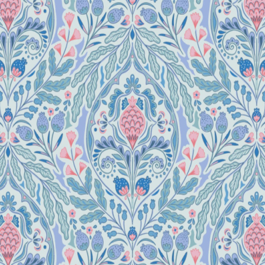 Decorative pattern with pink and blue flowers on a light blue background