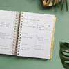 mini weekly planner, open book, written on pages, gold binding and tabs, green palm leaves, light green background