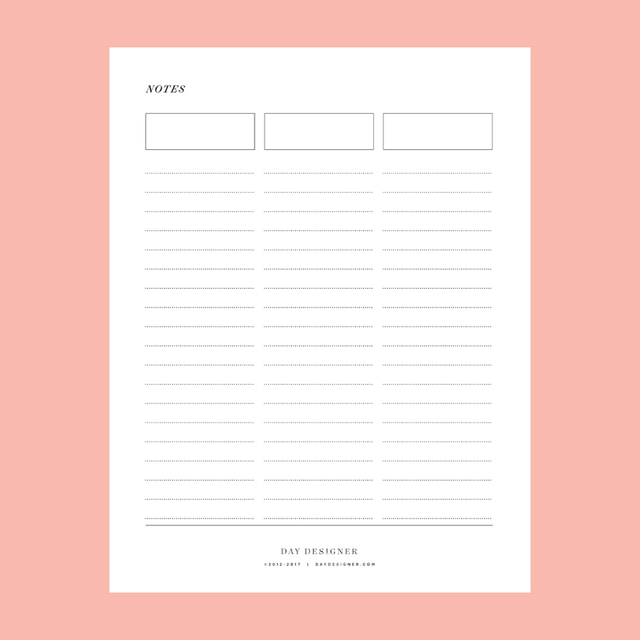 notes printable, three lined columns, header prompts on a peach background