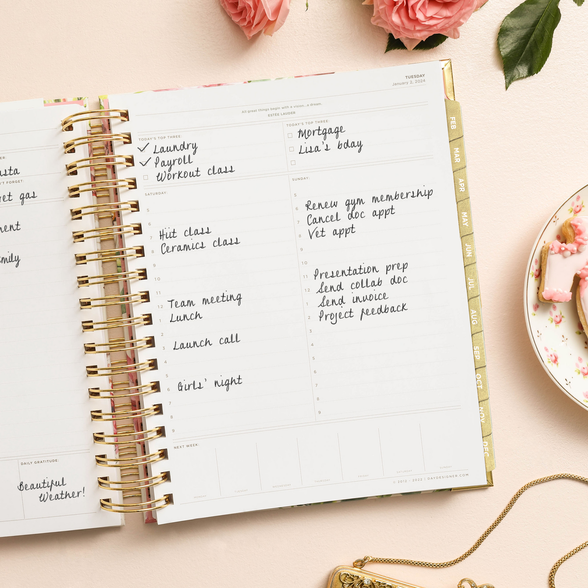 2024 Rose Gold Floral Annual Planner by Bright Day, Yearly Monthly Weekly  Daily Spiral Bound Dated Agenda Flexible Cover Tabbed Notebook, 8.25 x 6.25