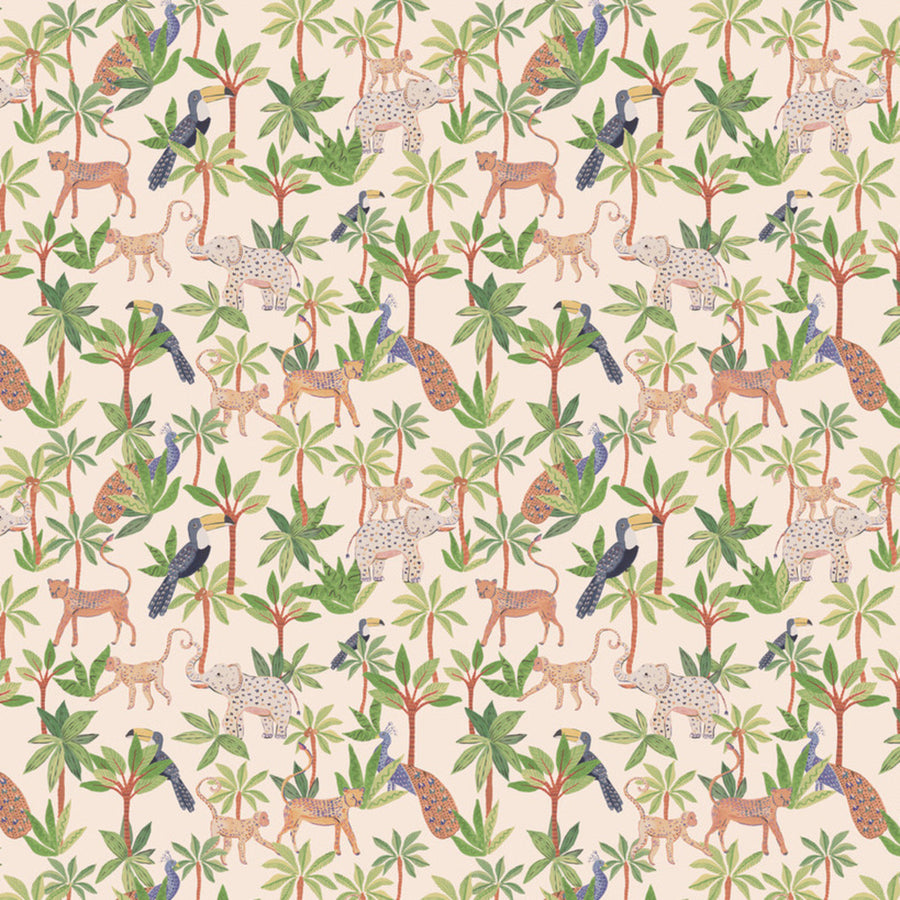 safari animal pattern with green palm trees on beige background