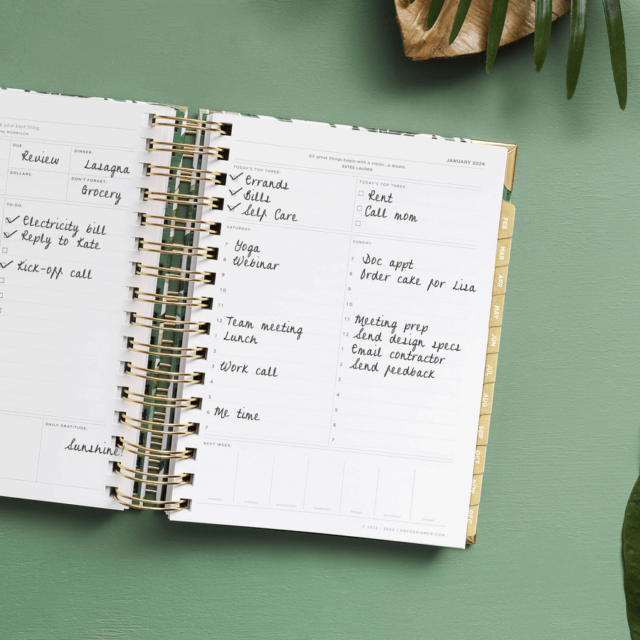 mini daily planner, open book, written on pages, gold binding and tabs, green background, palm leaf, brown dish