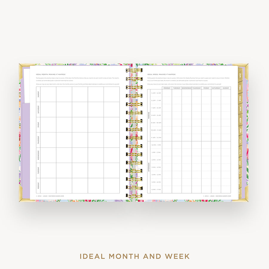 An open spiral-bound planner or calendar showing monthly and weekly layout pages, with a pastel floral patterned cover and gold-toned rings, on a light gray background with the text 'IDEAL MONTH AND WEEK' below.