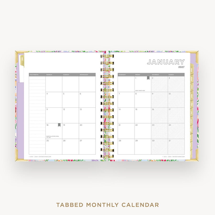An open spiral-bound daily planner showing January 2027 Monthly Calendar planning pages with floral-patterned covers and gold rings, centered on a light gray background with the text 'TABBED MONTHLY CALENDAR' below.