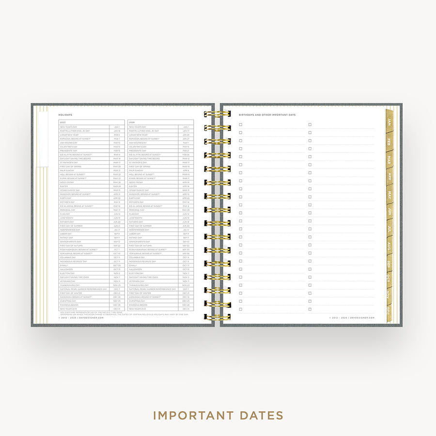 An open spiral-bound planner or agenda with dense printed tables and checklist pages, shown on a light gray background with the words 'IMPORTANT DATES' below.