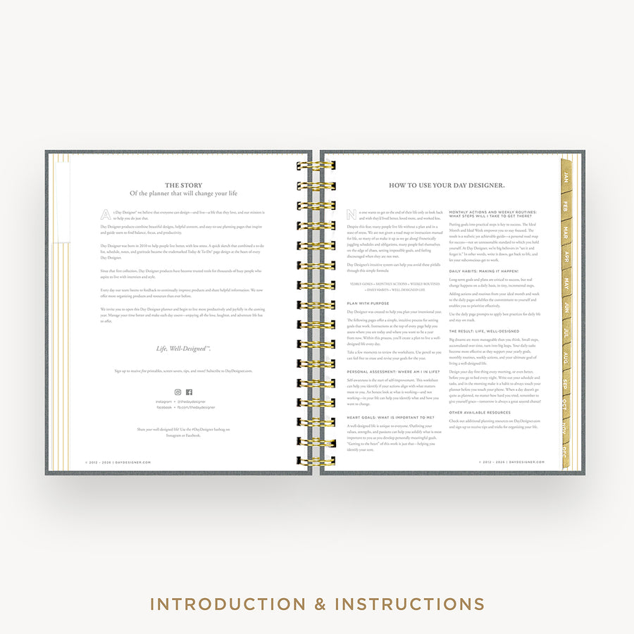 An open spiral-bound booklet with printed instructions and text pages, shown on a light gray background with the words 'INTRODUCTION & INSTRUCTIONS' below.