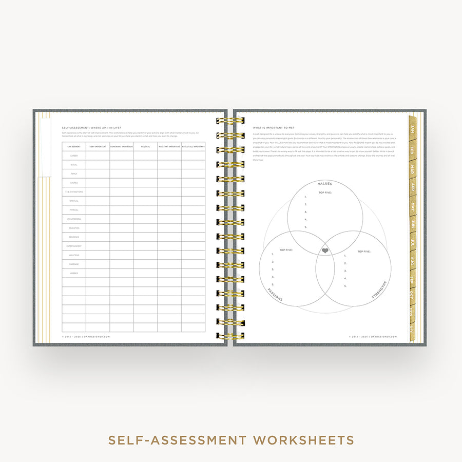 An open spiral-bound planner or workbook showing VENN diagram with gold accents and a gold ring binder, centered on a light gray background with the text 'SELF-SSESSMENT WORKSHEETS' below.