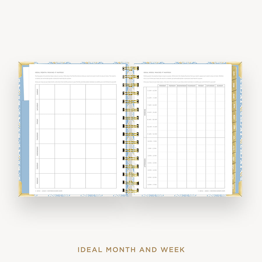 An open spiral-bound planner or agenda showing monthly and weekly calendar pages, photographed on a light gray background with the text 'IDEAL MONTH AND WEEK' below.