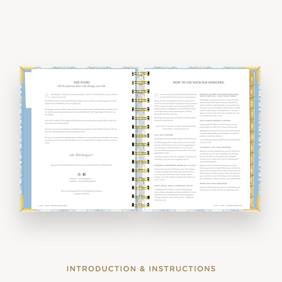 An open spiral-bound booklet or planner showing printed introduction and instructions pages, centered on a light gray background with the text 'INTRODUCTION & INSTRUCTIONS' below.