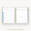 An open spiral-bound workbook showing self-assessment worksheet pages, including a checklist on the left and a Venn diagram on the right, with decorative blue and gold patterned edges and the text 'SELF-ASSESSMENT WORKSHEETS' below.