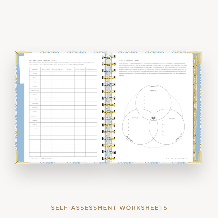 An open spiral-bound workbook showing self-assessment worksheet pages, including a checklist on the left and a Venn diagram on the right, with decorative blue and gold patterned edges and the text 'SELF-ASSESSMENT WORKSHEETS' below.