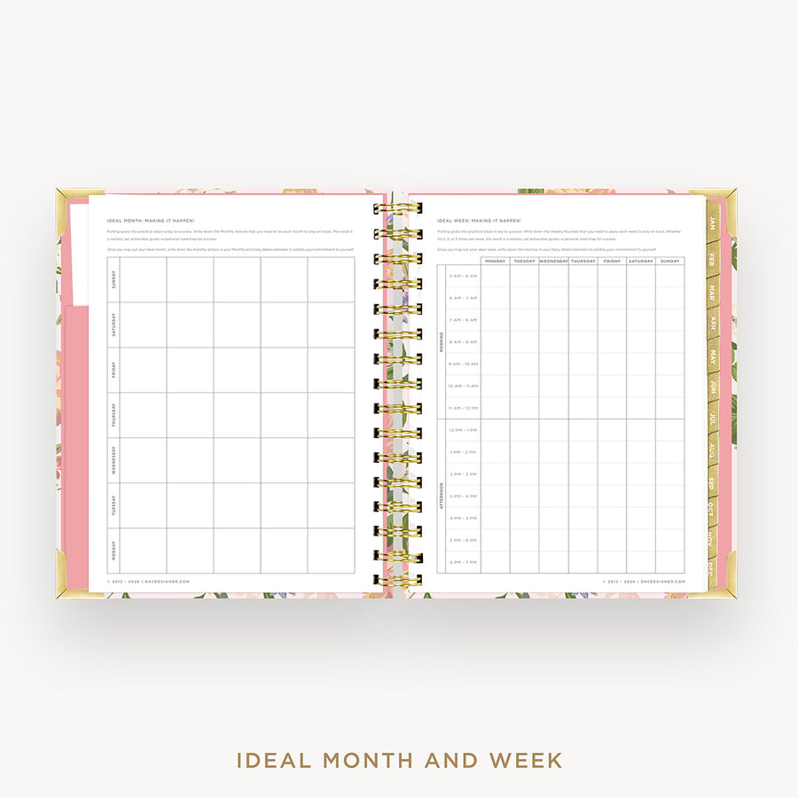 An open spiral-bound planner or notebook showing two printed interior pages with tables, photographed on a light gray background. The cover has a pink and floral pattern, and the pages are labeled for ideal month and week planning.