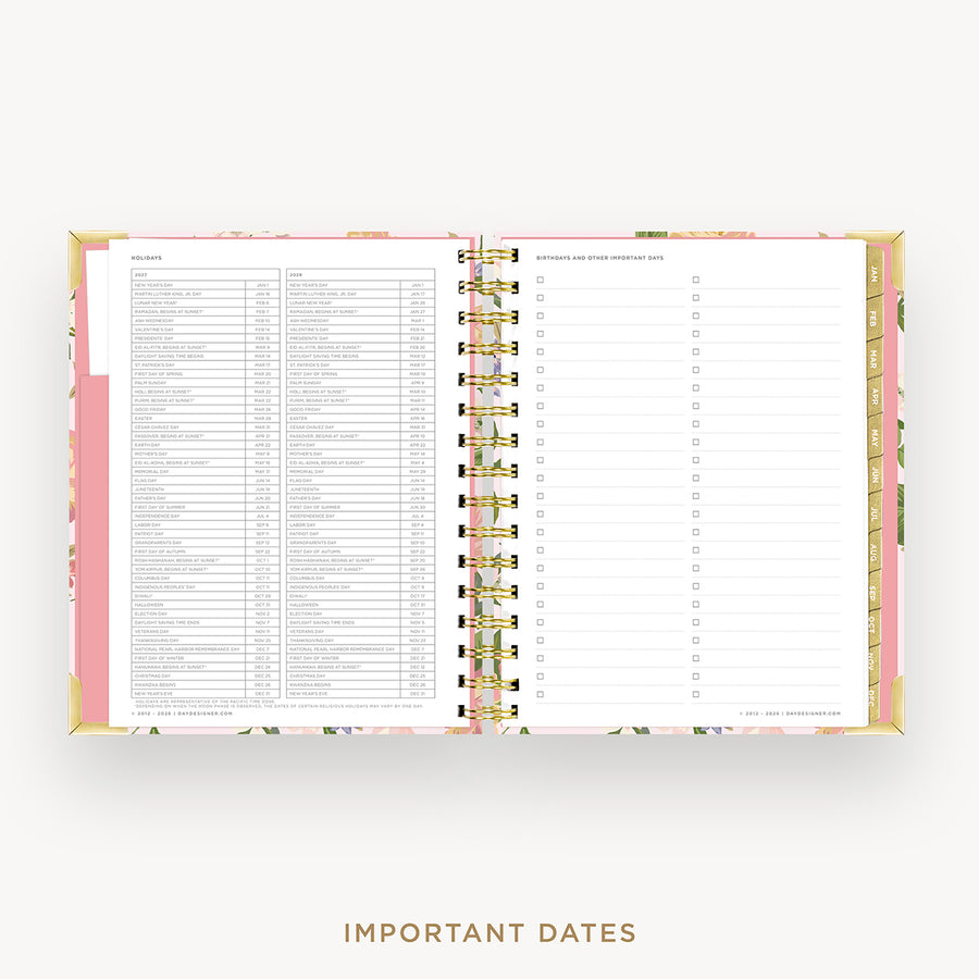 An open spiral-bound planner or agenda with floral pink and green cover details, showing two white pages with printed tables and checklist sections. The words 'IMPORTANT DATES' appear below on a light gray background.