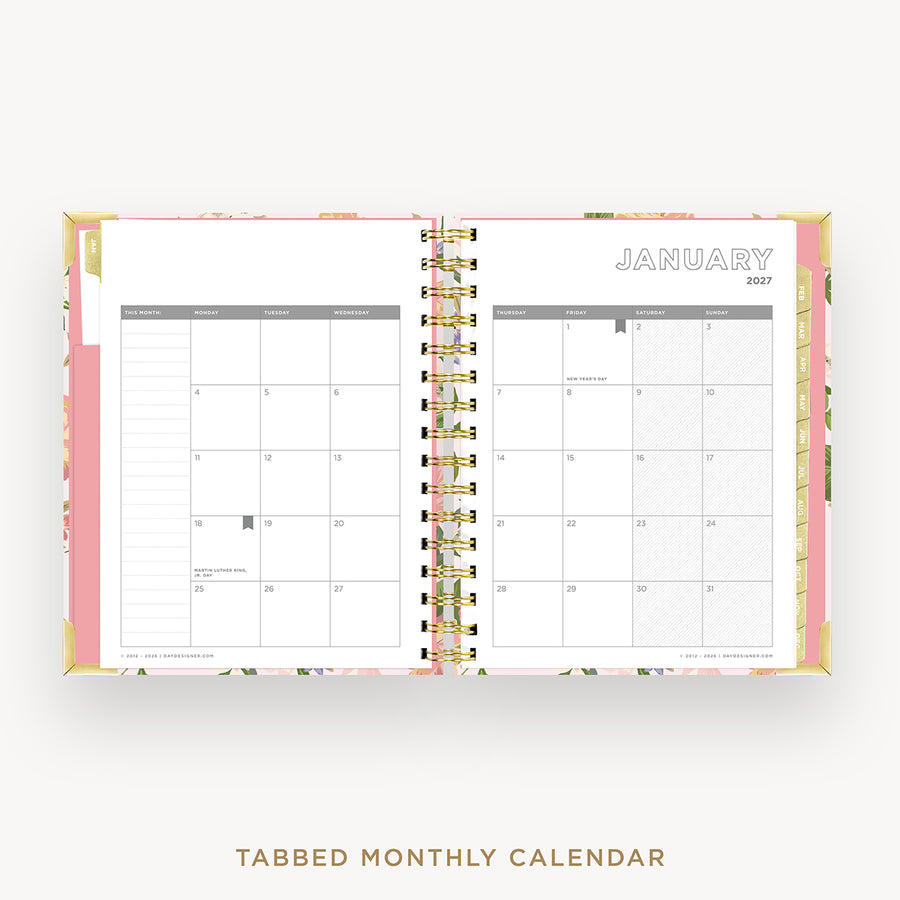 An open tabbed monthly calendar planner shown from above on a light gray background. The pages are white with gray grid lines and the month January 2027 is visible on the right page.