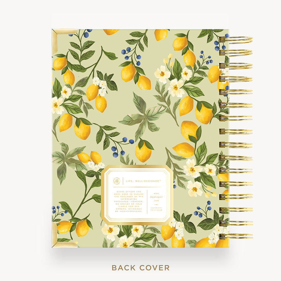 Planner with pattern of lemons, leaves, and flowers on a light green background, Day Designer logo on bottom gold trimmed box, with BACK COVER shown on the bottom