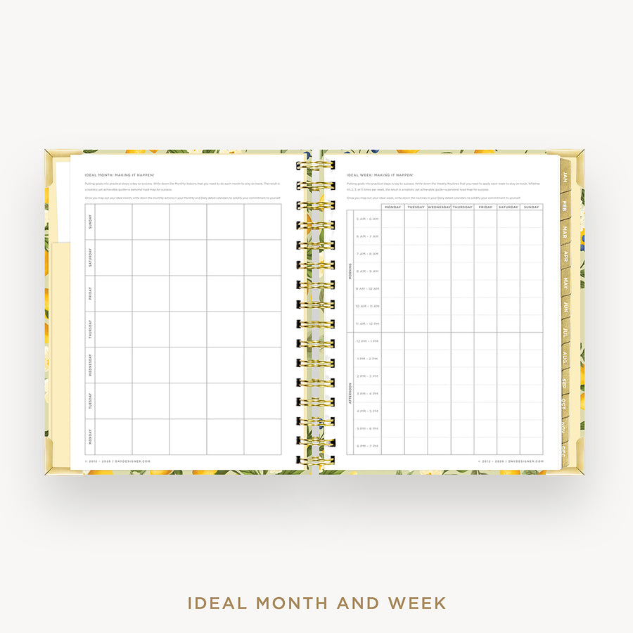 An open spiral-bound planner or calendar showing monthly and weekly grid layouts on white pages, with a floral-patterned cover and gold-toned spiral binding, centered on a light gray background. Text below reads 'IDEAL MONTH AND WEEK'.