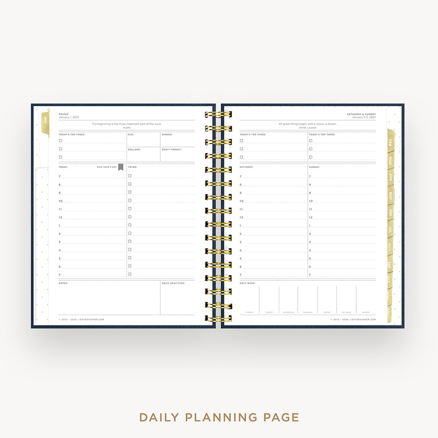 An open spiral-bound daily planning page from a planner, shown on a light gray background with the text 'DAILY PLANNING PAGE' below. The planner has a dark navy cover and gold-toned spiral binding, with white pages featuring black text and gold accent lines.