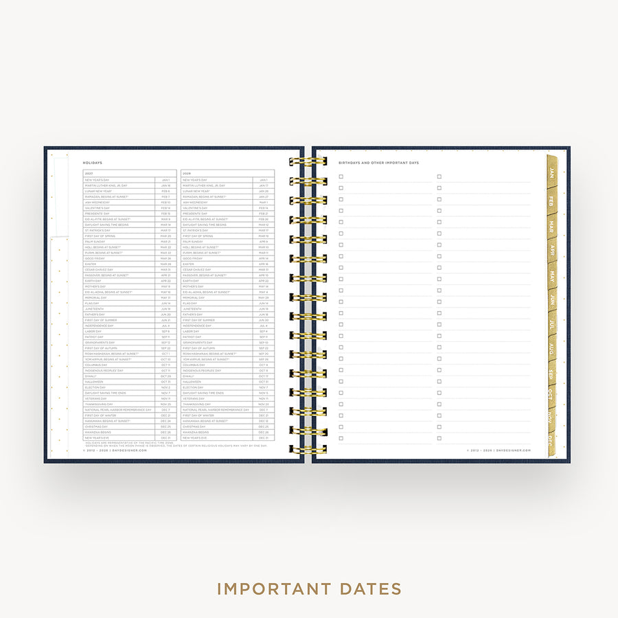 An open spiral-bound planner or agenda showing a daily planning page with columns, checkboxes, and a gold ribbon spine, photographed on a light gray background with the words 'IMPORTANT DATES' below.
