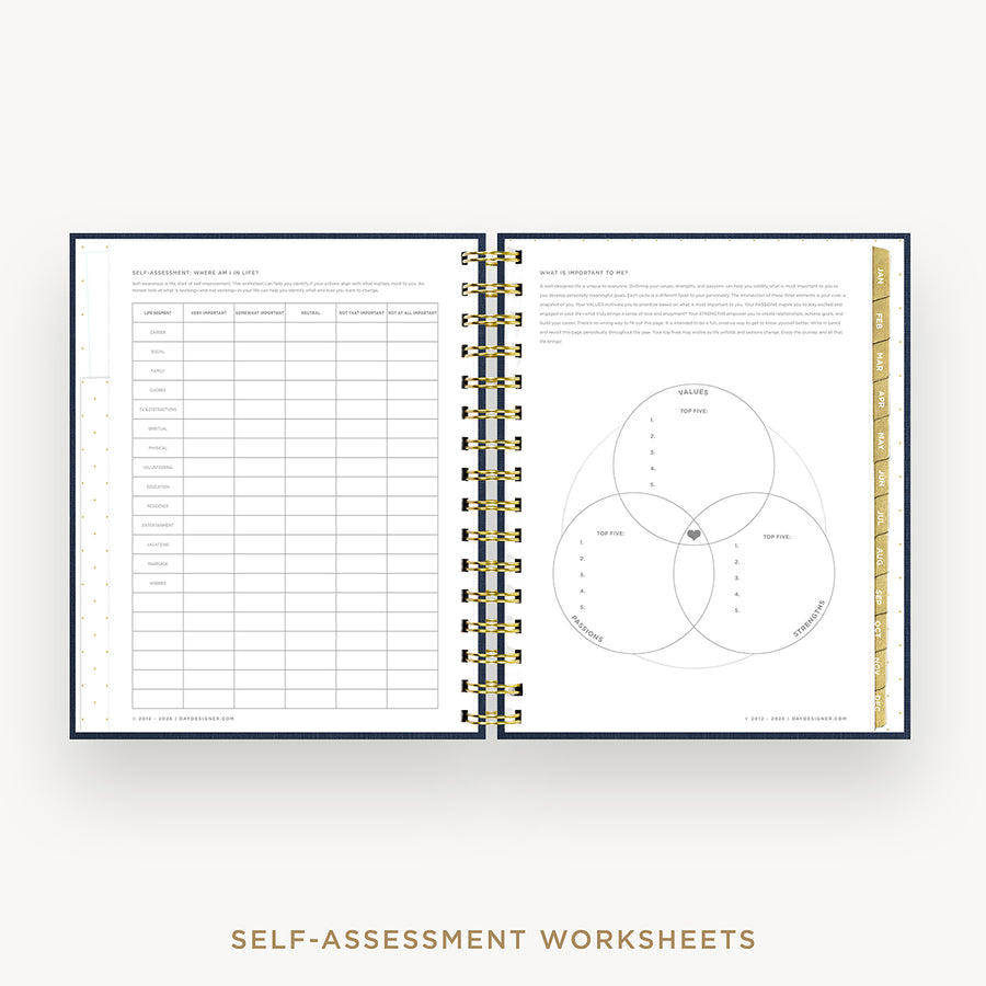 An open spiral-bound workbook showing self-assessment worksheet pages, including a table on the left and a Venn diagram on the right, with gold text along the right margin. The words 'SELF-ASSESSMENT WORKSHEETS' appear below on a light gray background.
