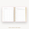 An open spiral-bound planner or notebook showing two printed calendar grids labeled for ideal month and week planning, with a pink border and gold ring binding on a light gray background.