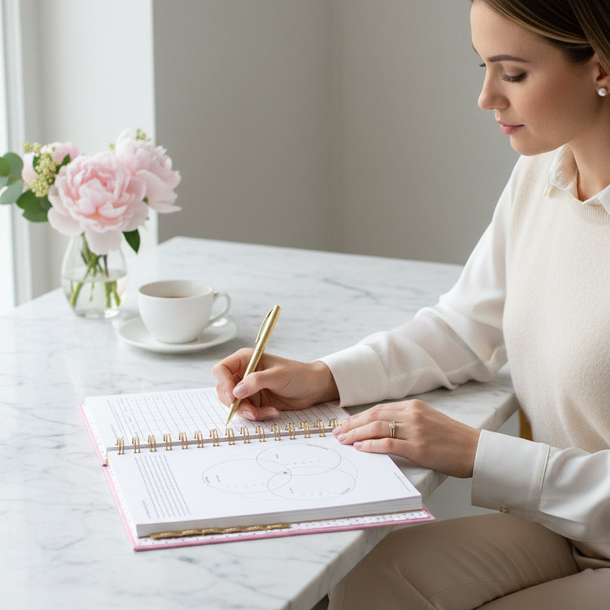 An open spiral-bound workbook showing self-assessment worksheets, including a checklist page on the left and a Venn diagram page on the right, with gold rings and a gold ruler on a white page. Text below reads 'SELF-ASSESSMENT WORKSHEETS'.