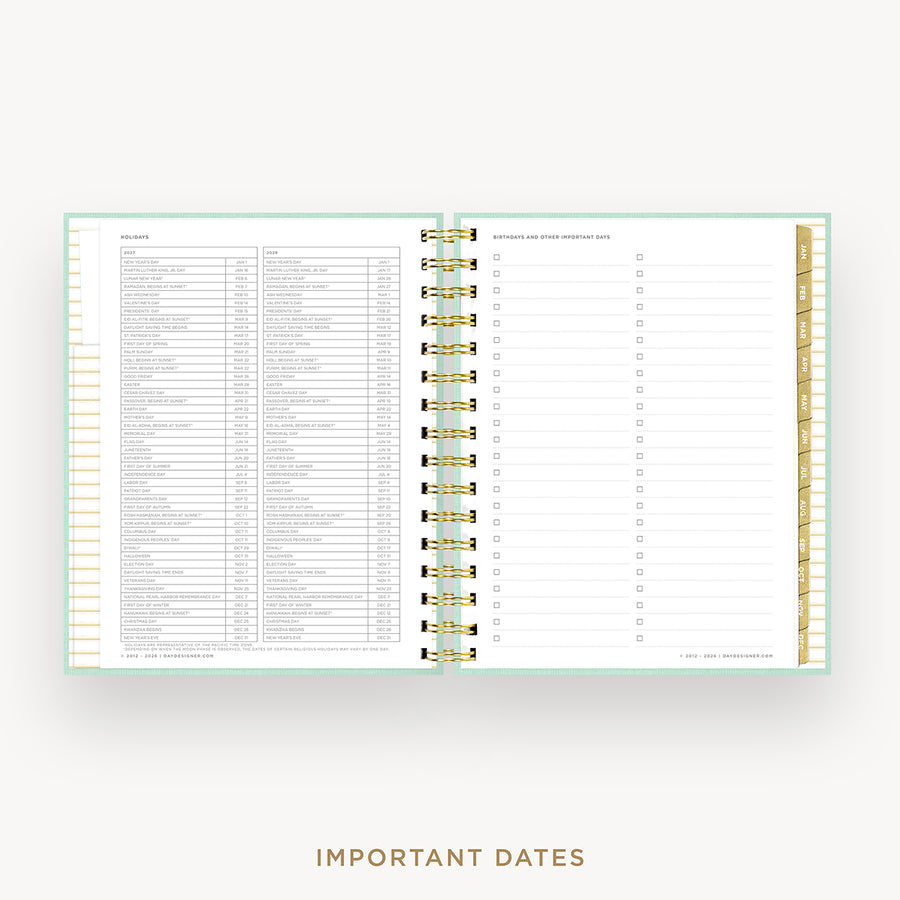 An open spiral-bound planner or agenda showing two pages with dense printed text and checkboxes, styled on a light gray background with the words 'IMPORTANT DATES' below.