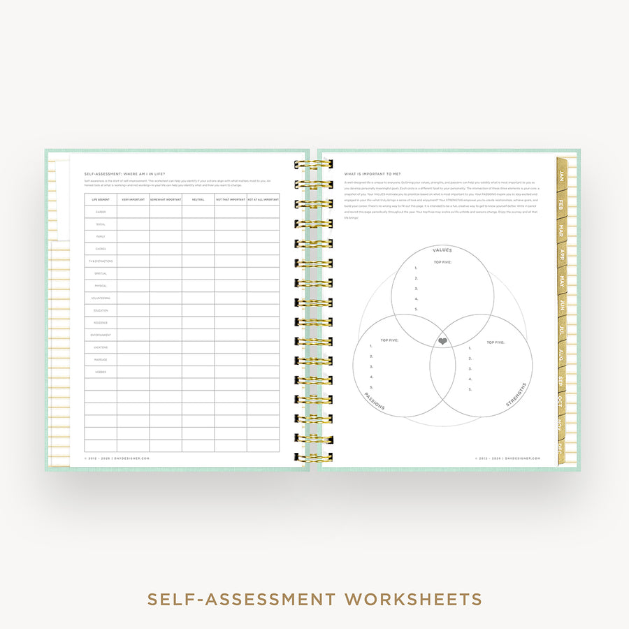 An open spiral-bound workbook showing self-assessment worksheet pages, including a checklist on the left and a Venn diagram on the right, with gold rings and a pale mint cover visible. Text below reads 'SELF-ASSESSMENT WORKSHEETS'.