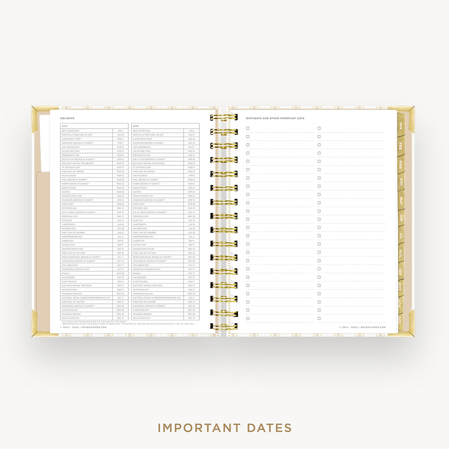 An open spiral-bound planner or agenda with gold rings, showing white pages with dense printed text and a checklist layout. The cover edge is gold-toned, and the words 'IMPORTANT DATES' appear below on a light gray background.