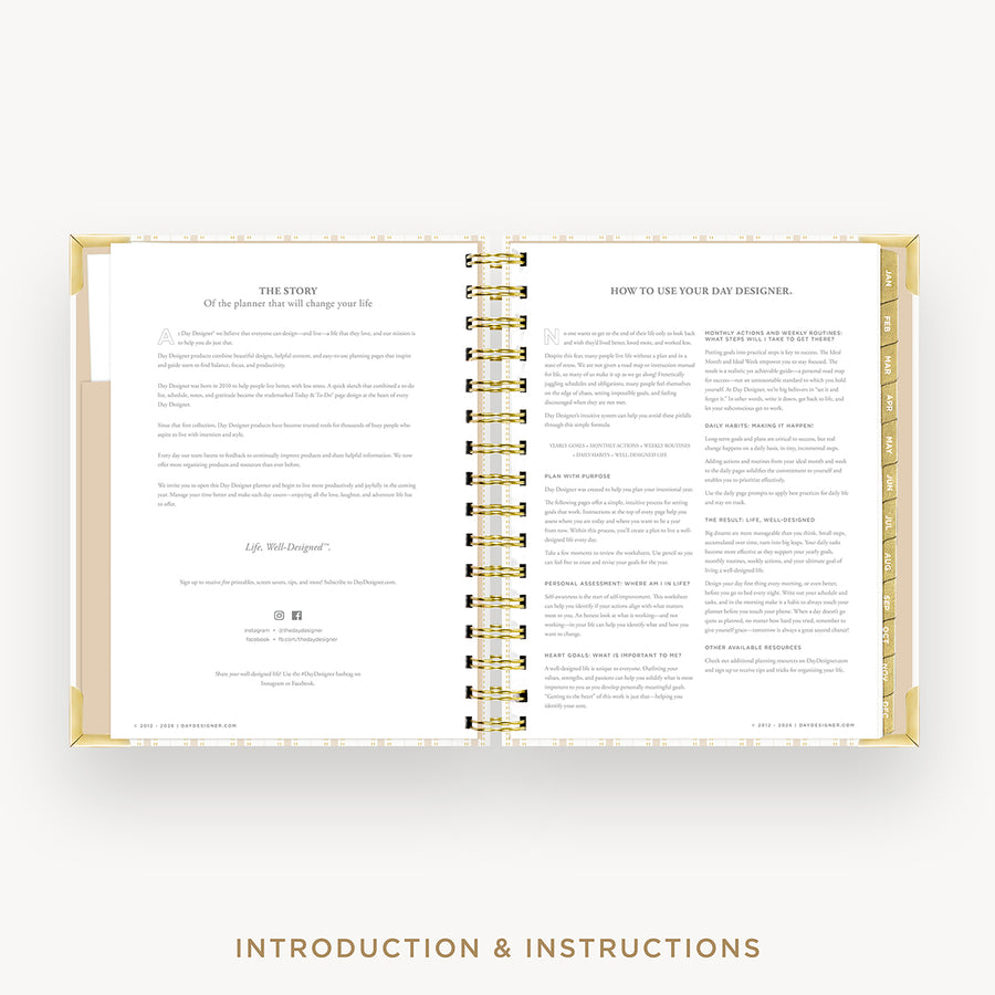 An open spiral-bound booklet with printed introduction and instructions pages, shown on a light neutral background with the text 'INTRODUCTION & INSTRUCTIONS' below.