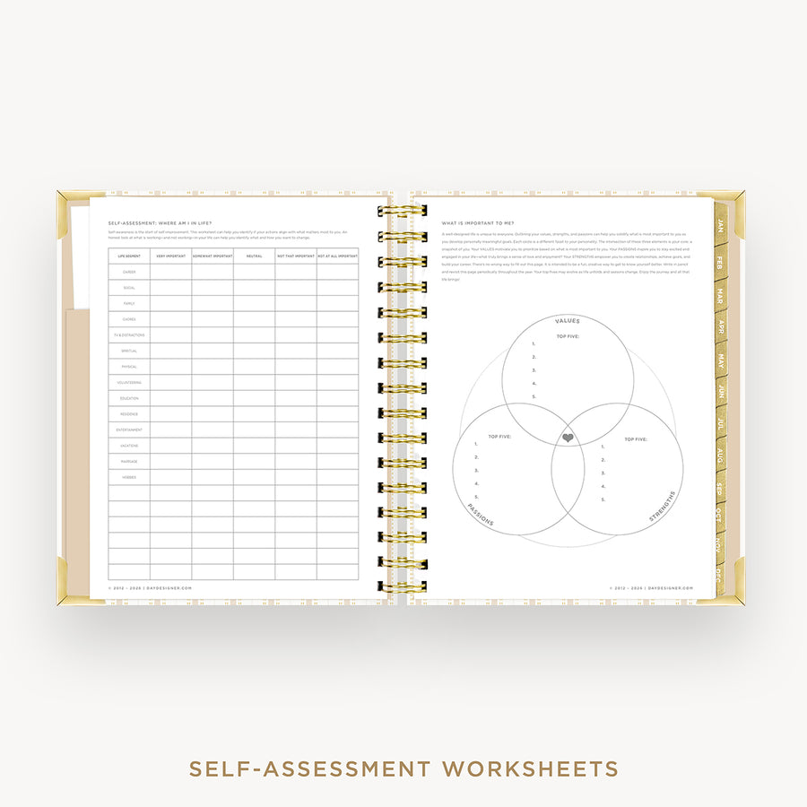 An open spiral-bound workbook showing self-assessment worksheets, including a checklist page on the left and a Venn diagram page on the right, with gold binding and a clean white background.