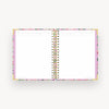 open notebook, lined notes pages, lilac liner, gold binding