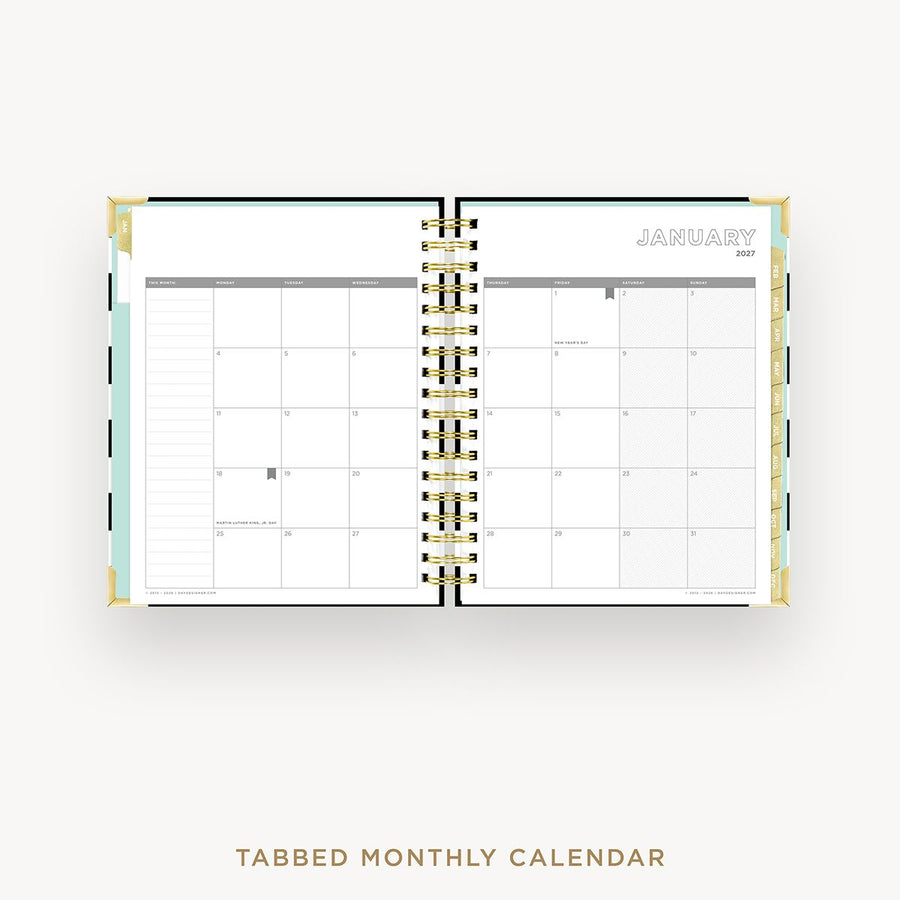 Tabbed monthly calendar open to January on a white background