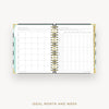 Open planner showing monthly and weekly layout on a white background