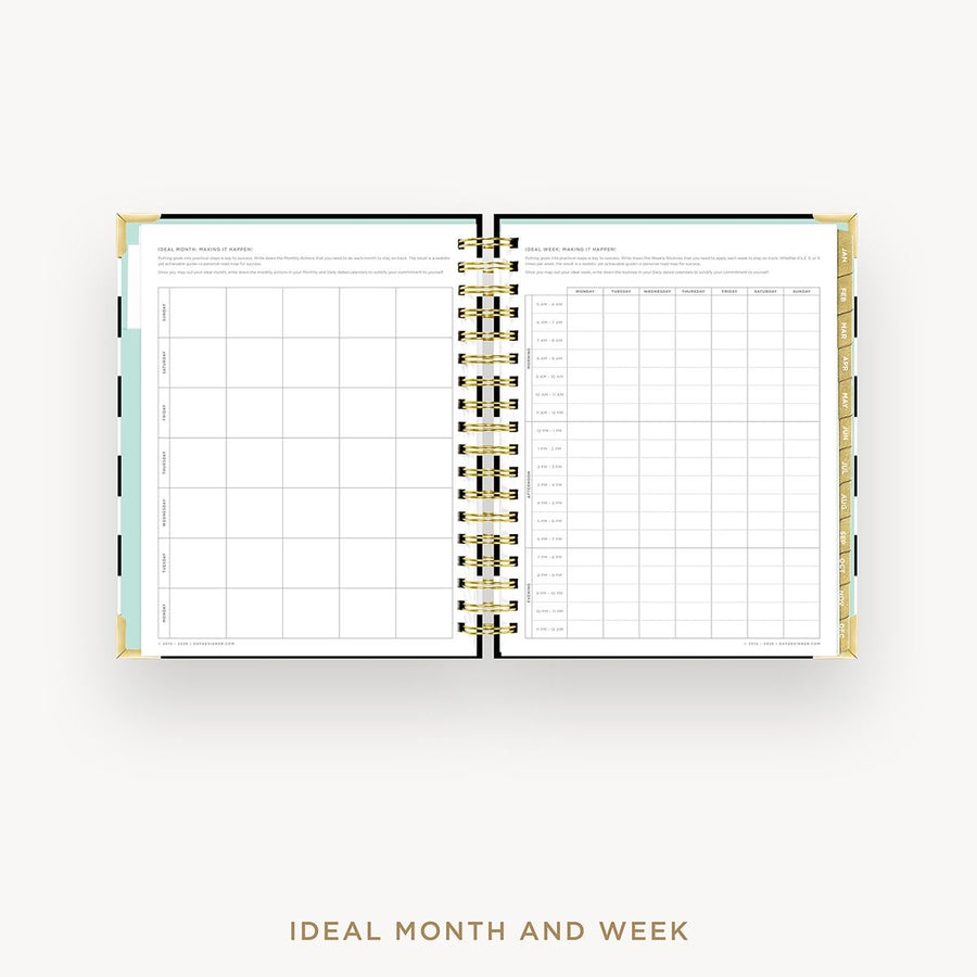 Open planner showing monthly and weekly layout on a white background