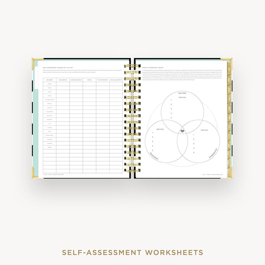 Open spiral-bound book displaying self-assessment worksheets with a Venn diagram on a white background.