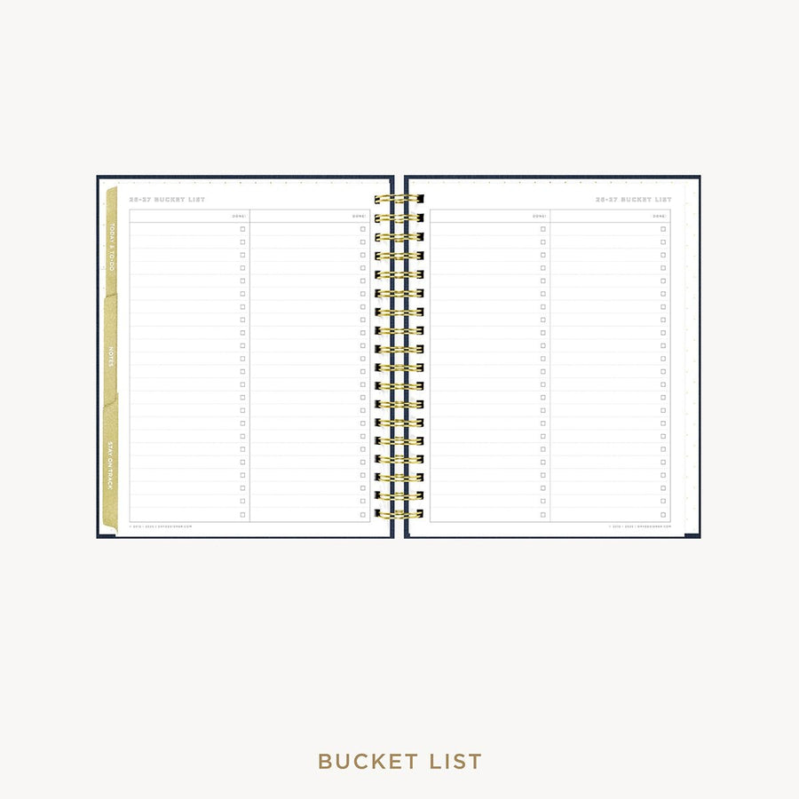 Day Designer 2026-27 weekly planner: Navy Bookcloth cover with bucket list