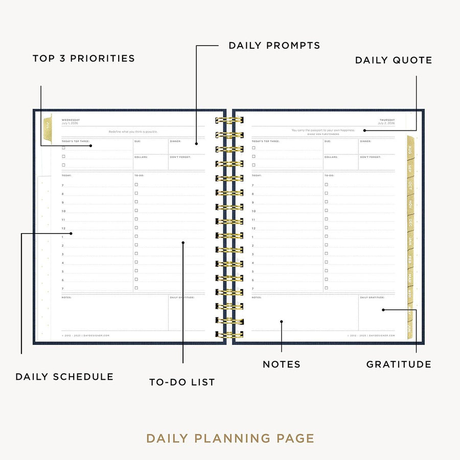 Day Designer 2026-27 mini daily planner: Navy Bookcloth opened with captions of contents