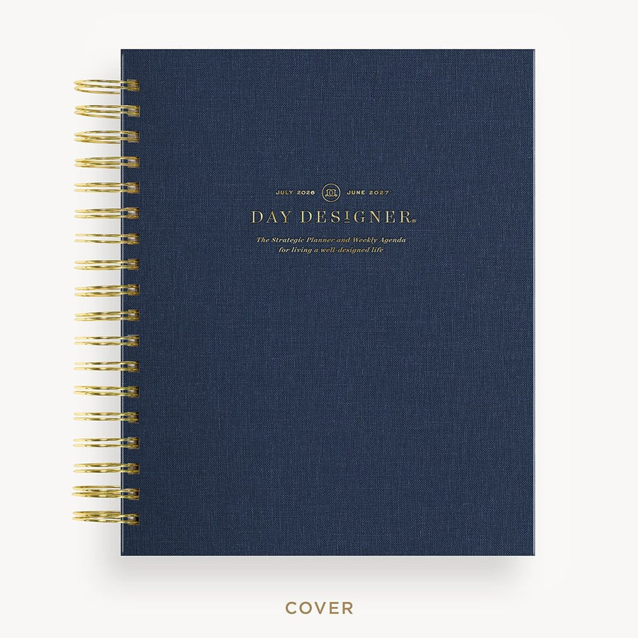 Day Designer 2026-27 weekly planner: Navy Bookocloth hard cover, gold wire binding
