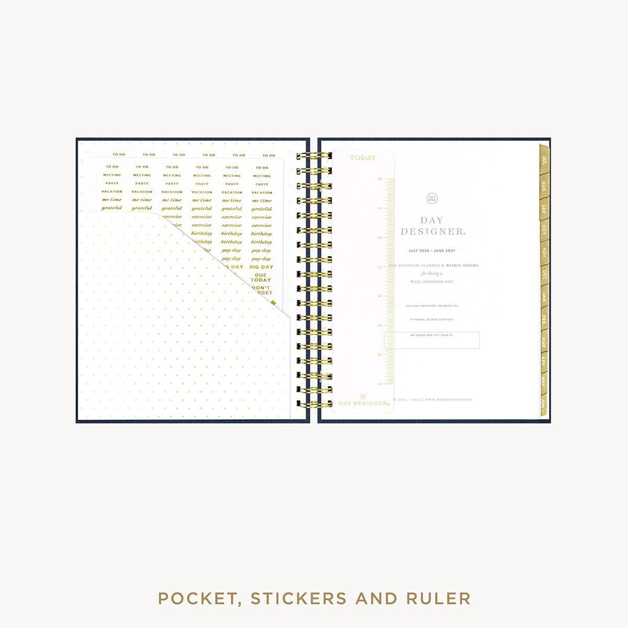 Day Designer 2026-27 weekly planner: Navy Bookcloth cover with pocket and gold stickers