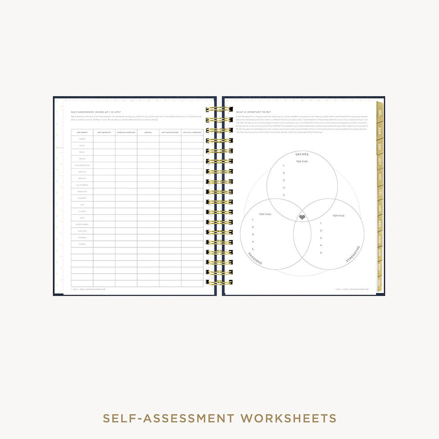 Day Designer 2026-27 weekly planner: Navy Bookcloth cover with self assessment worksheet
