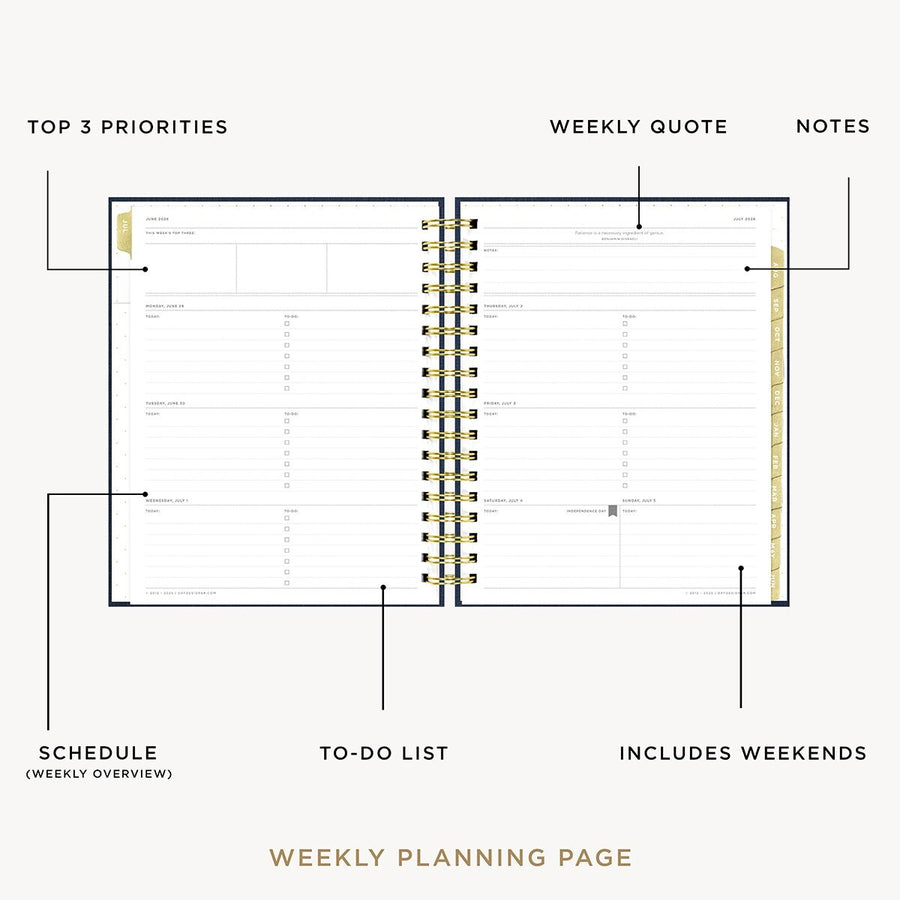 Day Designer 2026-27 weekly planner: Navy Bookcloth opened with captions of contents