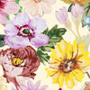 oh so lovely pattern, red, purple, pink, and yellow flowers, green leaves, beige background