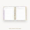 Open planner showing monthly and weekly layout on a white background
