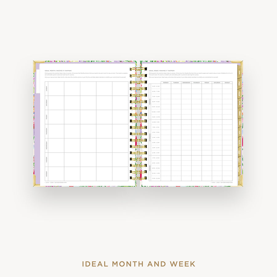 Open planner showing monthly and weekly layout on a white background