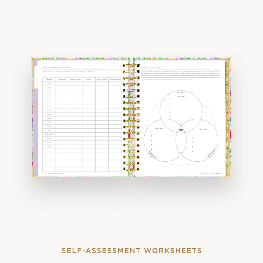 Open planner showing self-assessment worksheets with a colorful cover
