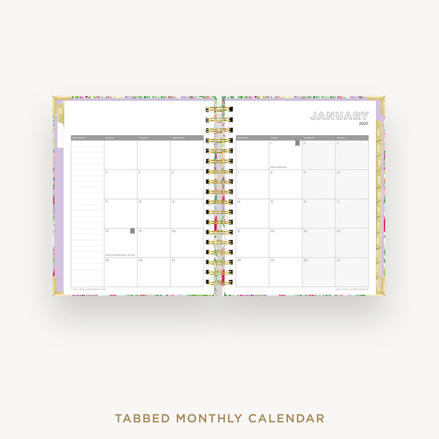 Tabbed monthly calendar with a colorful border on a white background