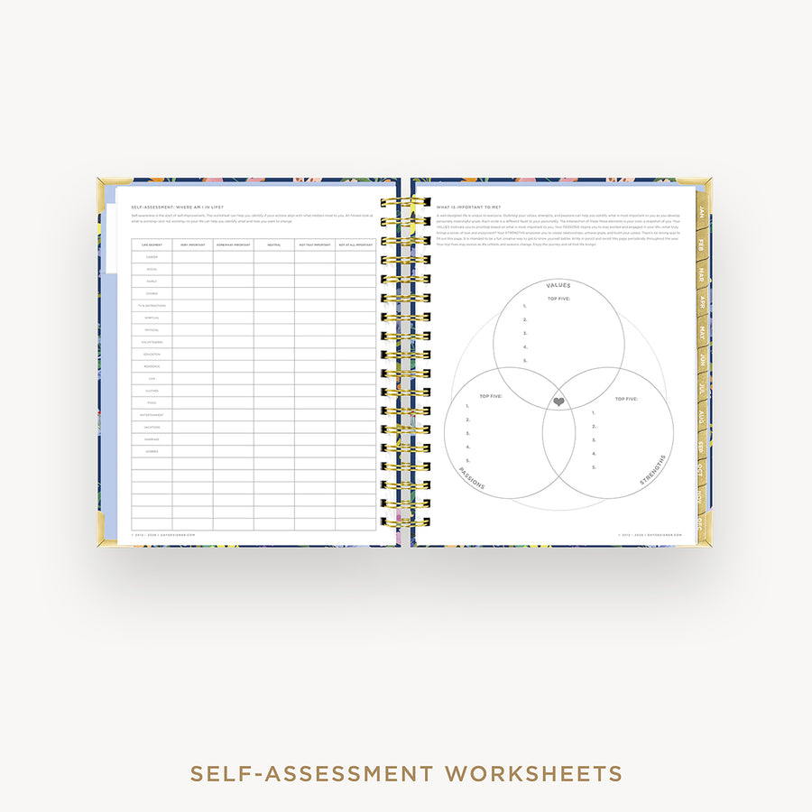 Open wire-bound book displaying self-assessment worksheets with a Venn diagram on a white background.